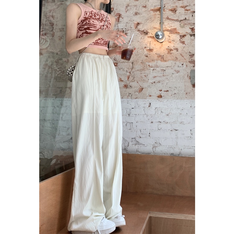✱celana wanita import apricot drawstring drape casual pants women s summer tencel pinggang elastis longgar sempit lebar kaki celana mengepel celana celana wanita celana highwaist