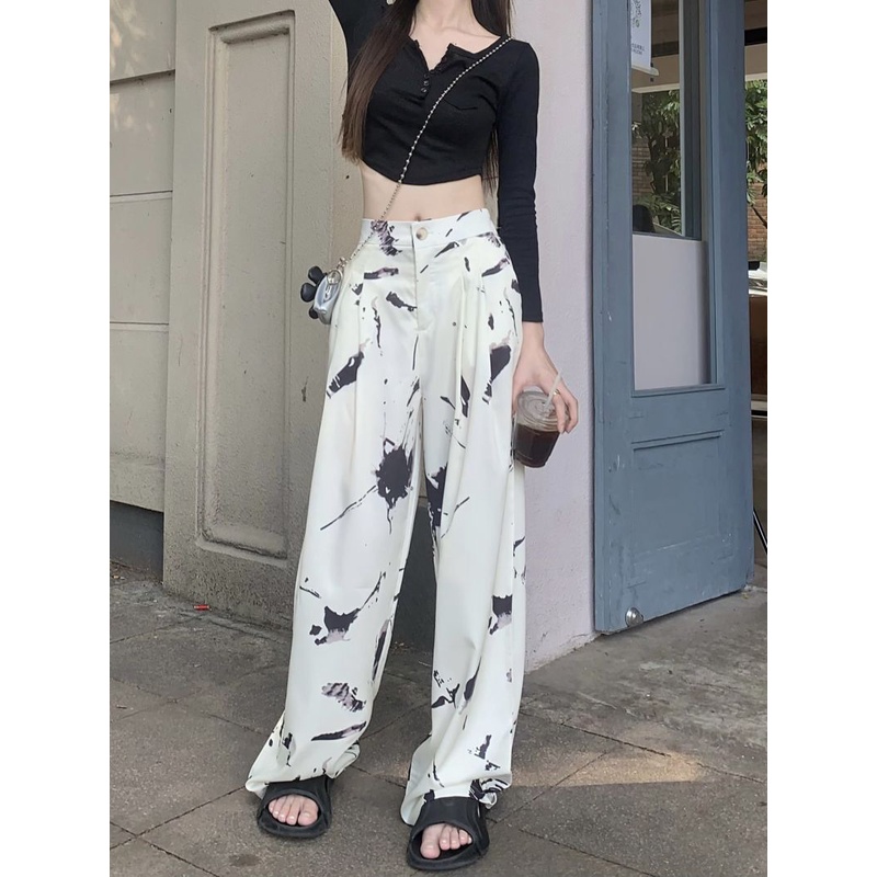 ▪▫✾celana wanita import gaya korea tie-dye lurus kasual celana wanita musim semi menggantungkan rasa desain longgar ceruk kecil lebar kaki celana celana celana wanita celana highwaist