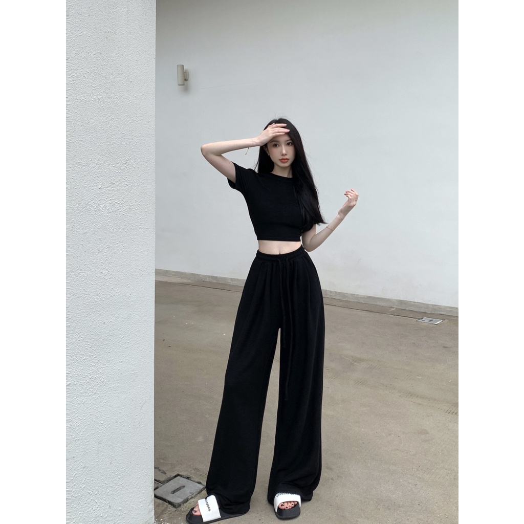 ♣celana wanita import versi korea pink serut celana kasual wanita musim panas bagian tipis pinggang tinggi longgar lebar kaki celana lurus celana mengepel celana celana wanita celana highwaist