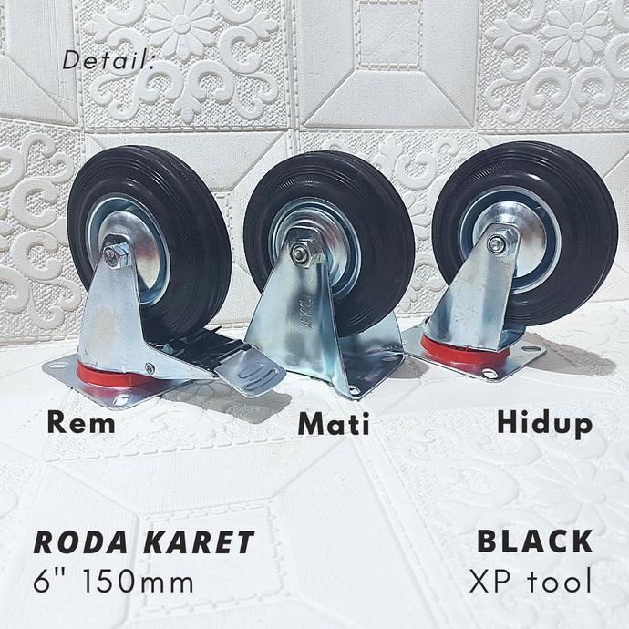 Roda Trolley Karet 6 inch Hidup Mati Rem Roda Troli Hidup Rem Mati