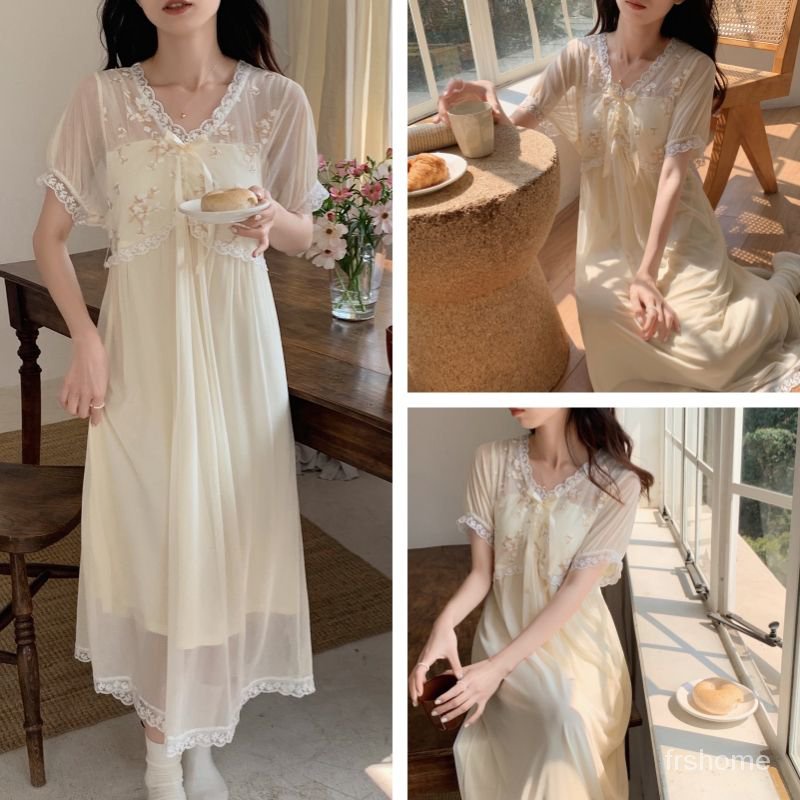Gaun tidur wanita renda renda renda gaya pengadilan V-neck mesh rok panjang tengah bagian tipis piya