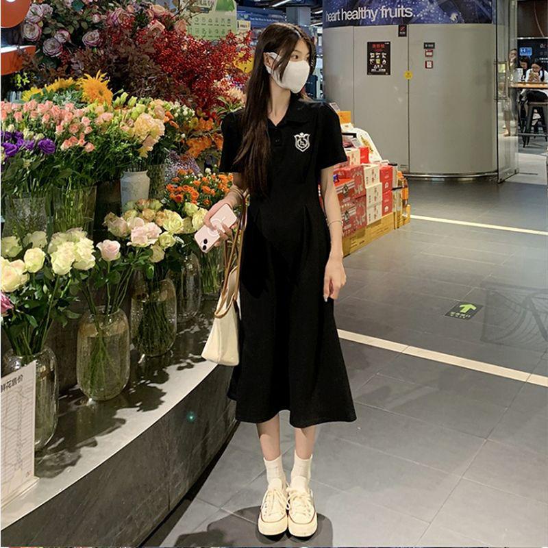 dress floral korea poloGaun Hitam Kecil Kerah untuk Wanita, Gaun Selutut Panjang Setengah Lutut, Gau