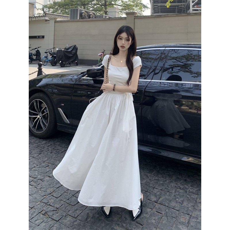 dress floral korea Musim Panas Lengan PendekTGaun Kaus Wanita Prancis Jahitan Kerah Persegi, Baju Pe