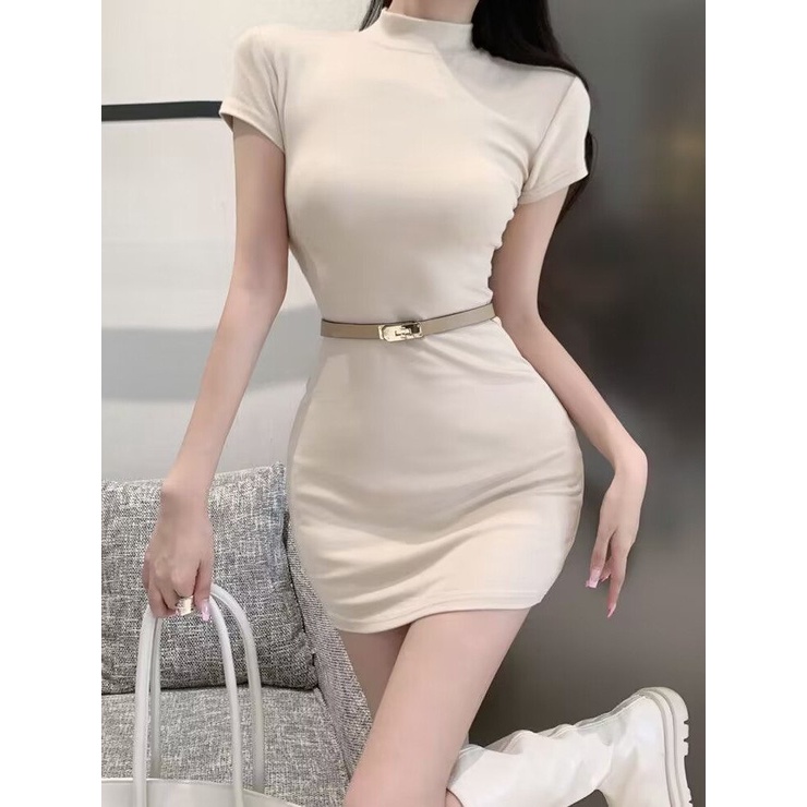 dress floral korea 2023Gaun Setengah Turtleneck Wanita, Rok Pinggul Slim-Fit Musim Panas Modis