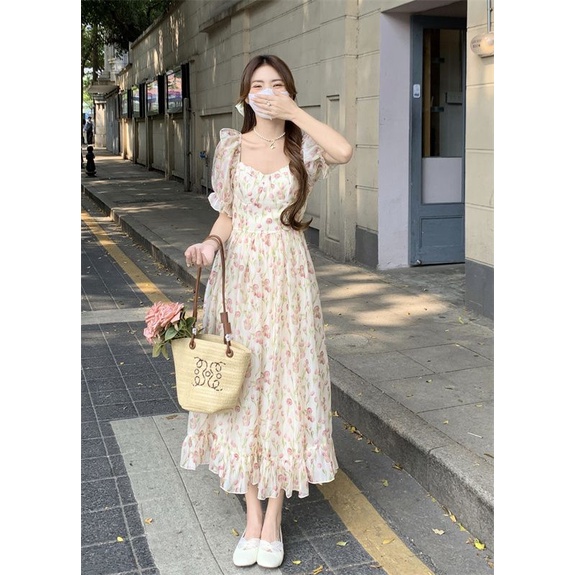 dress floral korea Gaun Musim Panas Bunga Kecil Wanita2023Gaun Pinggang Tinggi Ramping Prancis