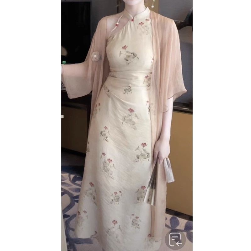 dress floral korea Yiyao【Lentera Wisata Meriah】Gaun Cheongsam Retro Gaya Tiongkok, Gaun Pelangsing P