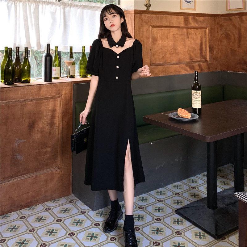 dress floral korea 2023Gaun Hitam Wanita, Gaun Hitam Pinggang Terpisah Panjang Setengah Gaya Hepburn