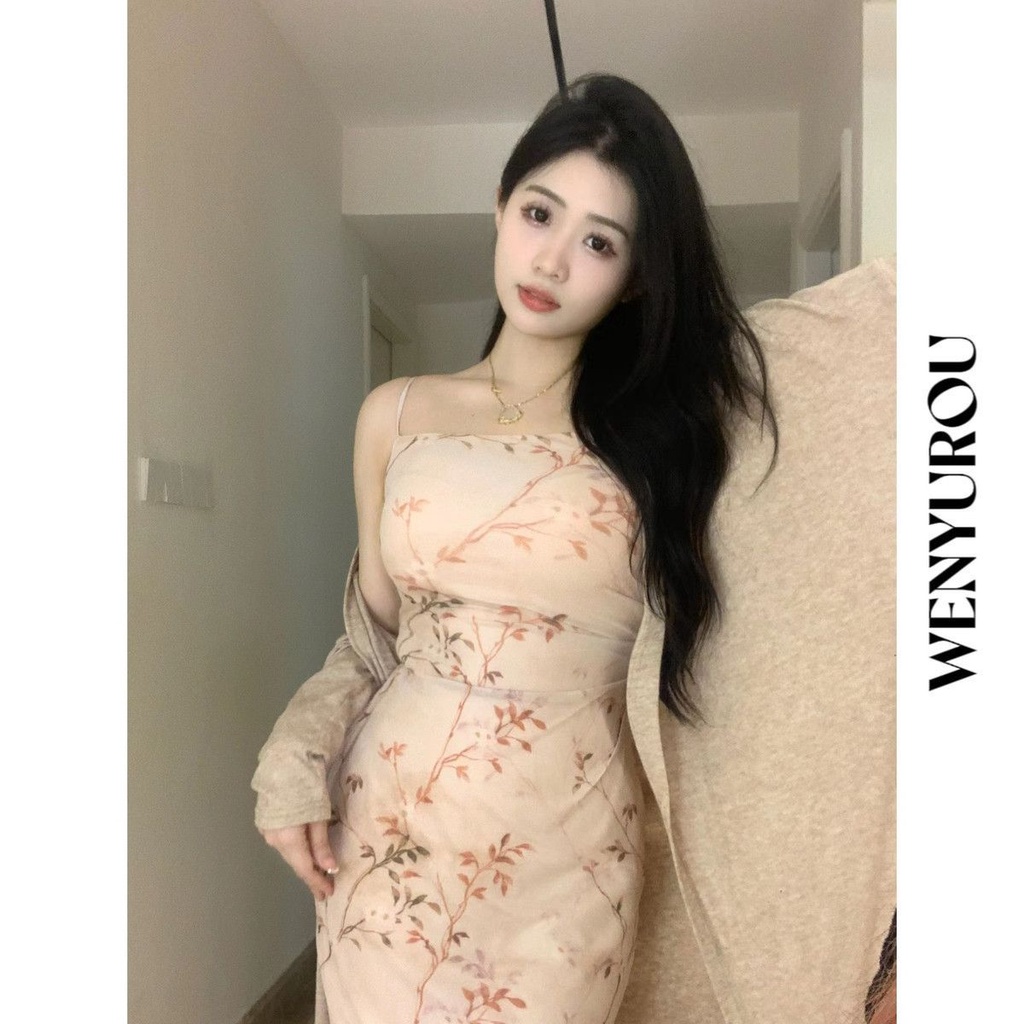 dress floral korea Hangat dan Lembut【Asap dan Hujan Ke Jiangnan】Gaun Retro Setelan Panjang Bunga Mus