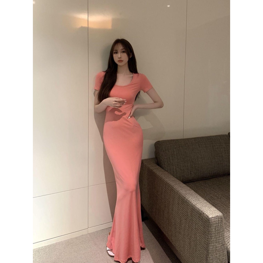 dress floral korea Gaun Gaya Hong Kong Retro Perancis untuk Wanita Rok Keinginan Murni Gaun Ekor Ika