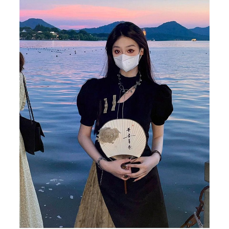 dress floral korea Gaun Panjang Slim Fit Musim Panas, Gaun Gaya China Baru, Mode Manis, Slim Fit, Re