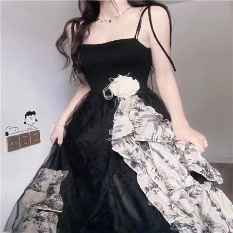 dress floral korea Gaya Hepburn Prancis Retro Cantik Musim Panas2022Gaun Midi Jala Cinched