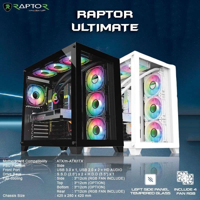 Casing Gaming RAPTOR ULTIMATE - FREE 4X FAN RGB - ATX Dual Chamber - Putih