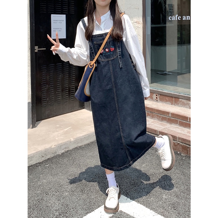 Red Denim suspender rok musim panas 2023 versi Korea baru lucu rok longgar mid-panjang mahasiswa gaun perempuan in