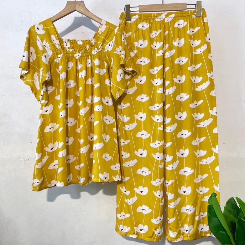 Murah Setelan Wanita Motif Terkini / Homewear Rayon / Setelan Kerut Dada / Becca Set qurro
