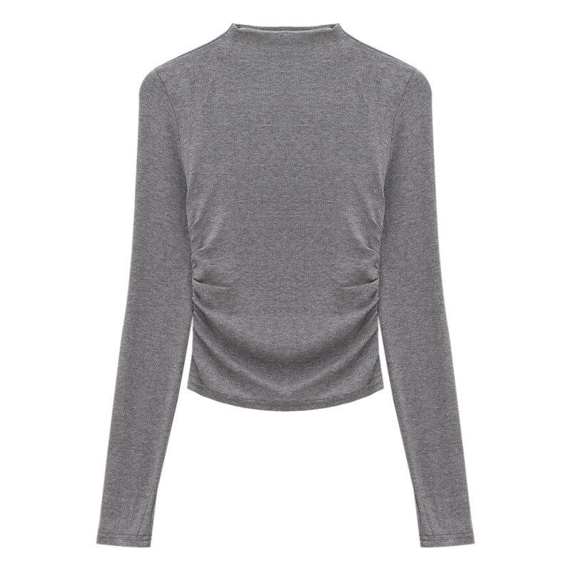 Red Kasual Abu-abu Lengan Panjang T-shirt Wanita Musim Semi 2023 Baru Slim-Fit Lipit Hot Girl Setengah Kerah Tinggi bottoming Top