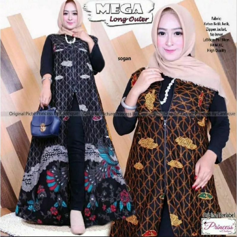 Mega Long Outer / Maxi Cardi Batik Panjang Wanita Modern Jumbo Ld 110cm Warna Putih dan Sogan Motif 