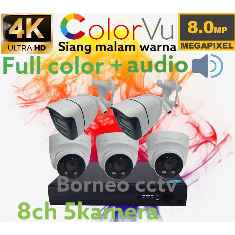 PAKET CCTV COLORVU AUDIO 8 CHANNEL 5 KAMERA 8MP 4K ULTRA HD FULL COLOR