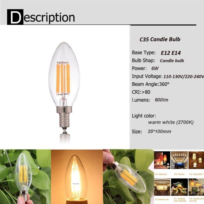 E14 C35 LED Edison Filamen Lampu Hias Cafee Wedding Dekorasi 6W 2700K
