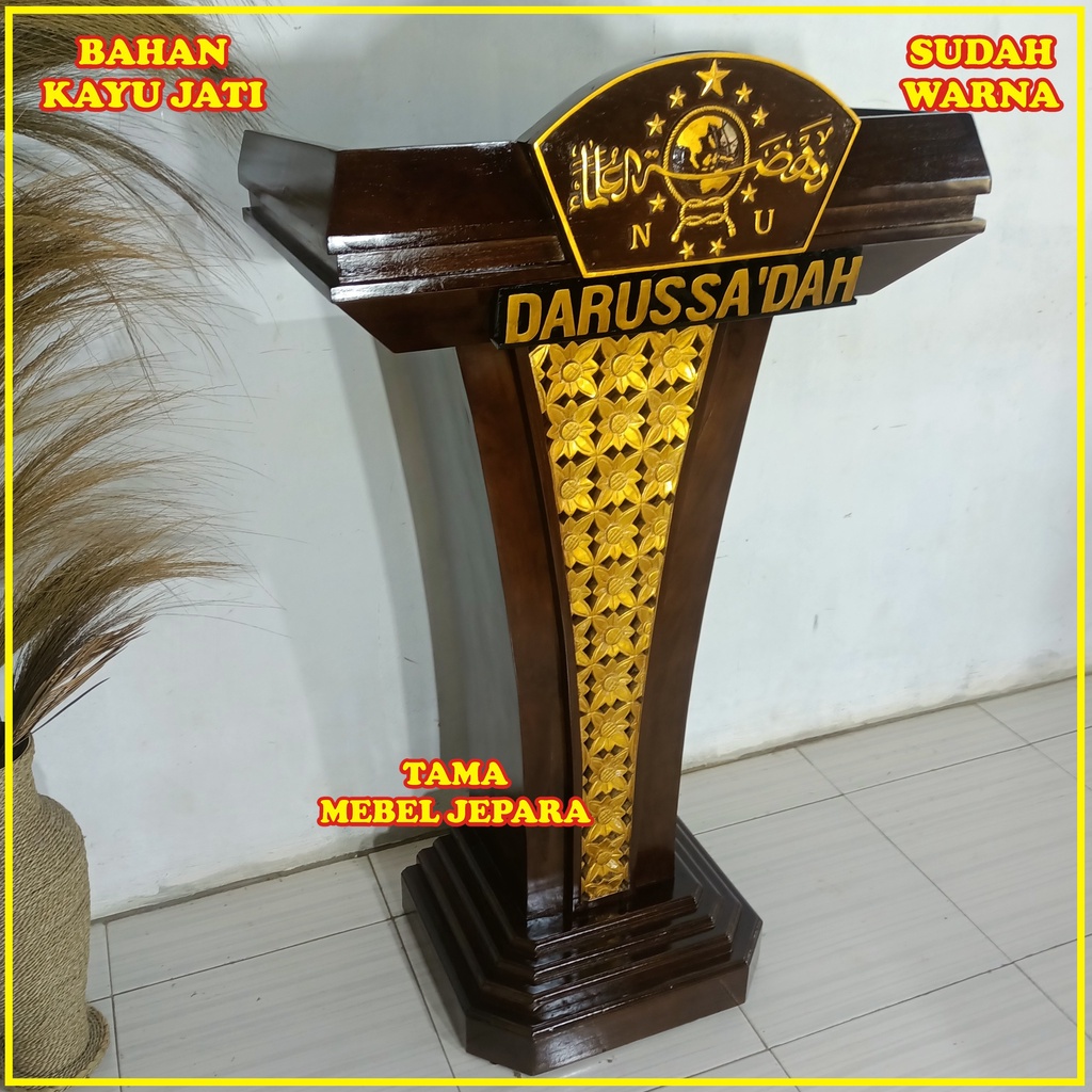 Podium Kayu Jati Ukiran NU Terlaris Mimbar Jati Tempat Ceramah Jati