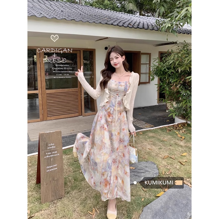 ✷✟gaun musim panas pantai Perancis retro temperamen pinggang bunga suspender gaun perempuan musim panas dasi rajutan cardigan setelan