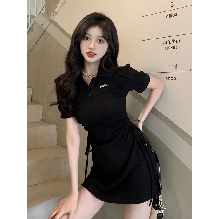 ❍gaun musim panas pantai manis dan pedas rok merah muda T-shirt rok perempuan POLO kerah engah lengan gaun musim panas serut pinggang pelangsing rok a-line