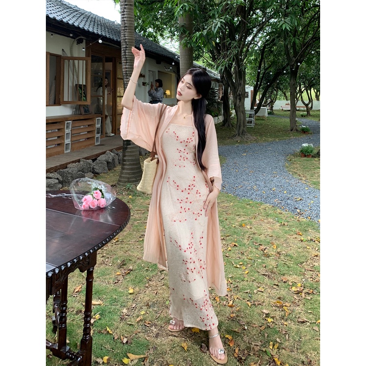 ☃▪Gaun Musim Panas Pantai Gaya Cina Baru Setelan Wanita Retro Bunga Sling Gaun Musim Semi Tabir Surya Cardigan Jaket Dua Potong Set