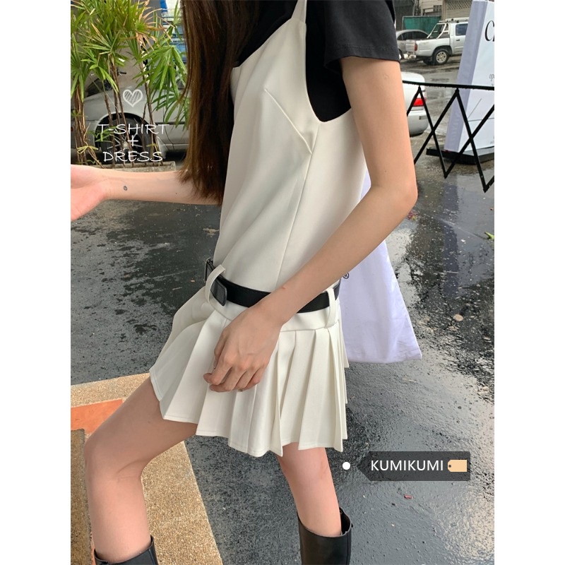 ⊙¤gaun musim panas pantai fashion set leher bulat hitam lengan pendek T-shirt wanita musim panas pinggang lipit gaun dua potong set