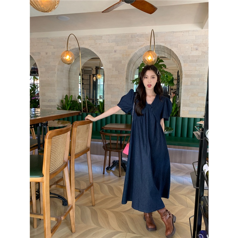 ✺✷gaun pantai musim panas gaya Hong Kong retro V-neck lengan engah gaun wanita musim panas longgar kasual rok denim panjang sedang