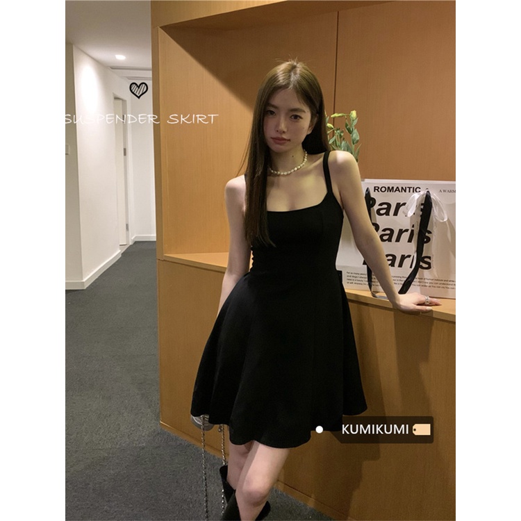 ▨✼gaun musim panas pantai rok suspender hitam Prancis wanita musim panas gaun kecil temperamen pinggang pelangsing rok A-line rok pendek rok