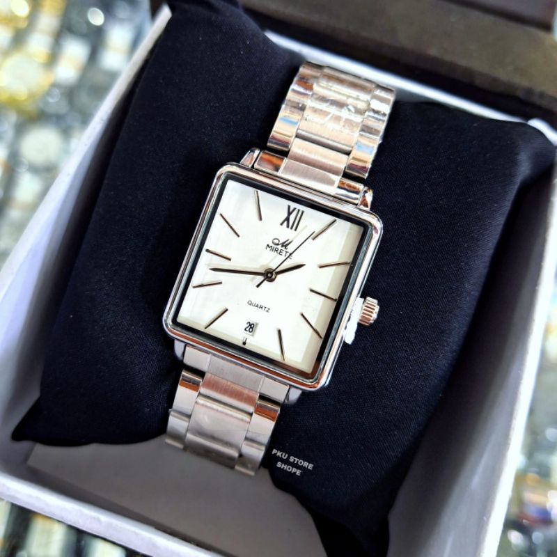 New Cod Mirete Original Free Box Jam Tangan Wanita Strap Rantai Anti Karat TAHAN AIR ANALOG_Jam Tangan Wanita Mirete Original Model Kotak Tanggal Aktif SUPER MEWAH Kekinian_Jam Tangan Kasual Wanita Cantik TERLARIS_Jam Tangan Wanita Bisa Cod