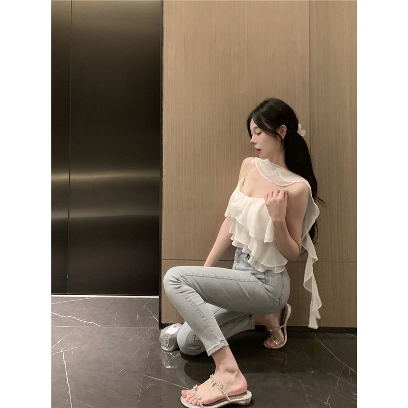 ☾✹cropped top Lembut kasa jaring tepi jamur musim semi dan musim panas rompi tanpa lengan yang chic dengan tali anti-ringan ramping top wanita halter leher kemeja bottoming #COD