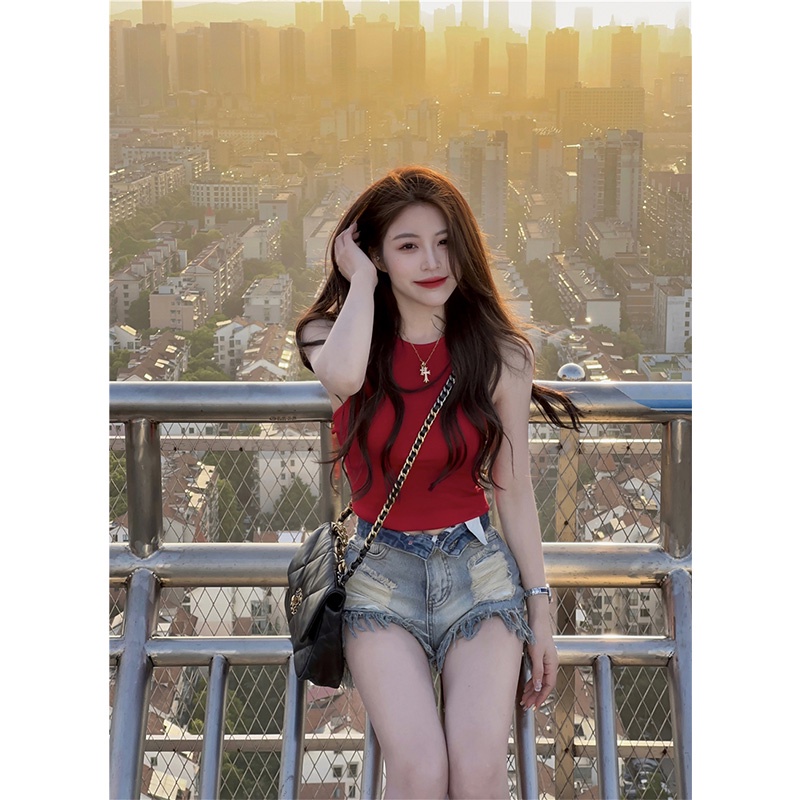 ❏✽❃cropped top Niche red backless camisole outerwear top women s summer raw edge ripped jeans high waist hot pants suit #COD