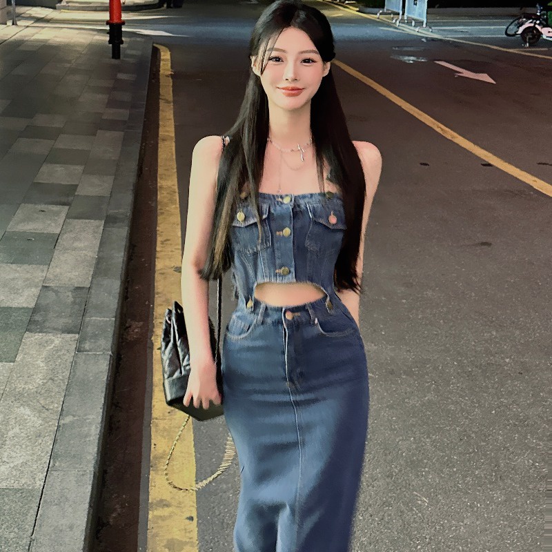 ✺⊕◇cropped top niche suit denim tube top camisole top wanita musim panas desain baru rasa tas celah pinggul rok rok #COD