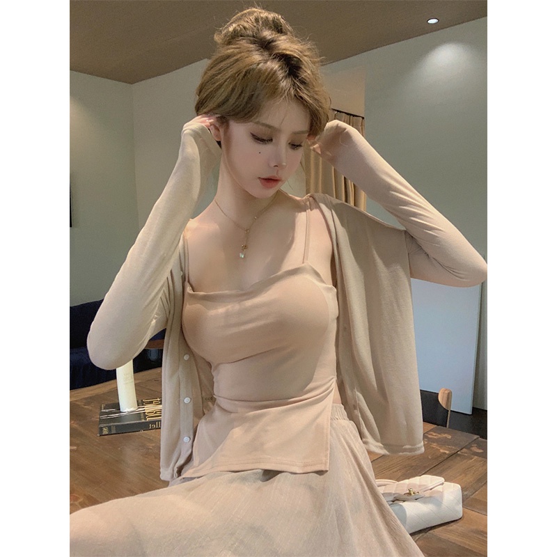 ✱✣Cropped top summer fashion suit celah dada pad kamisol tidak beraturan atas rok retro lengan panjang untuk wanita #COD