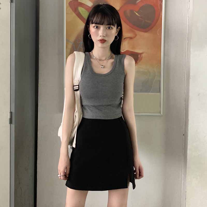 ✺☈✥cropped top Ceruk pakaian dalam pakaian luar suspender kecil selera desain wanita musim panas dasar rompi hitam gaya gadis panas atasan tanpa lengan putih #COD