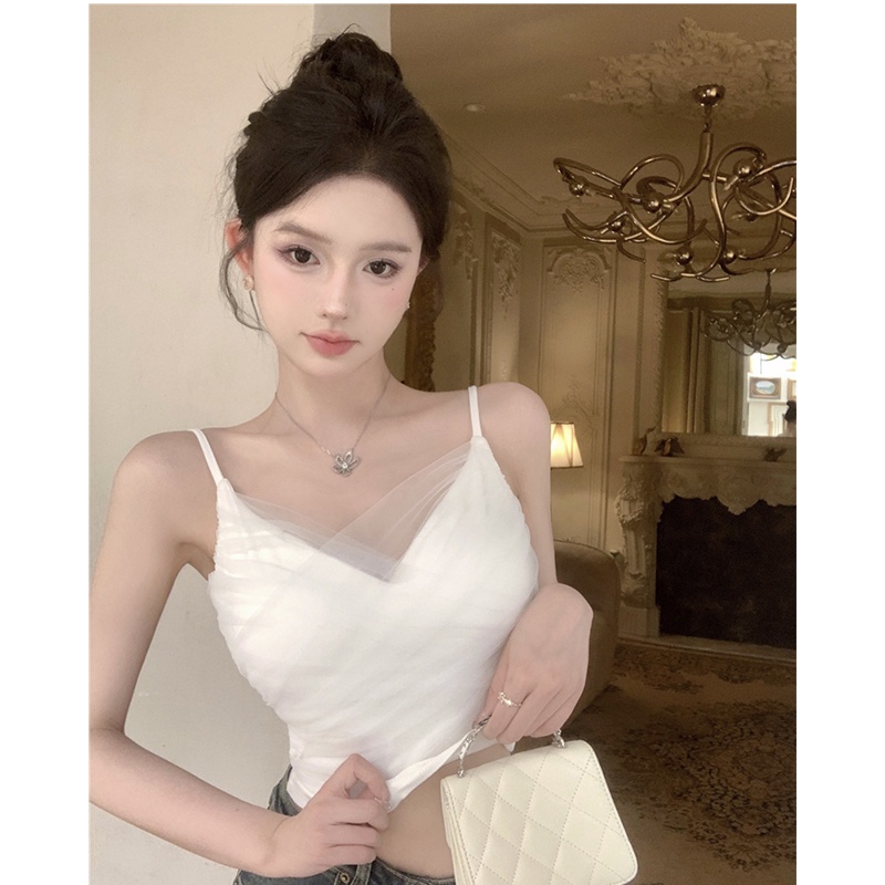 ✧cropped top musim panas mesh splicing desain wanita rompi kamisol hot gadis pendek gaya keinginan murni slim top top top bottoming shirt #COD