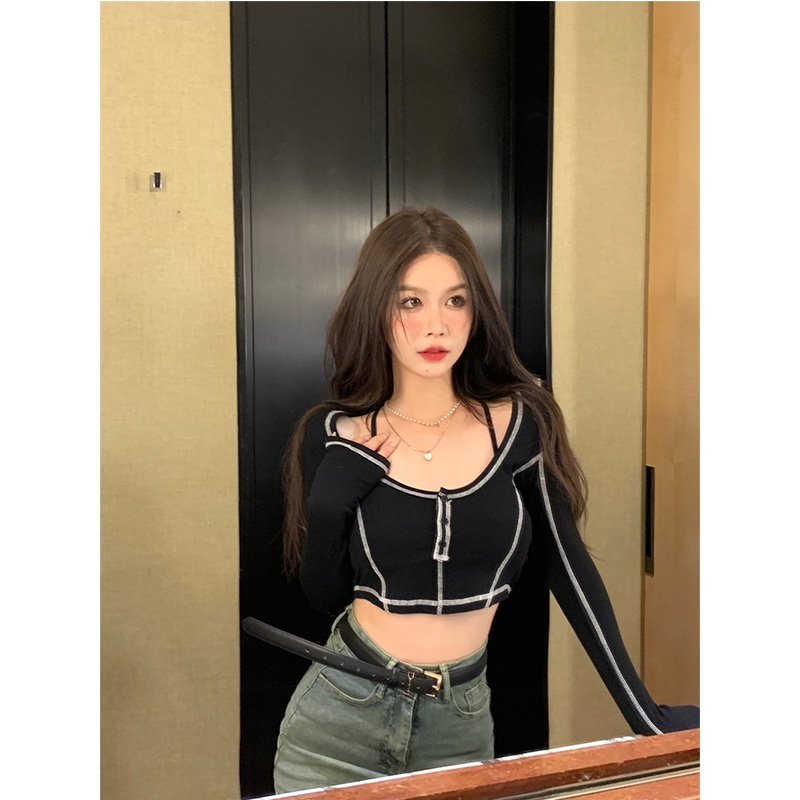 ☜cropped top pemblokiran warna lengan panjang musim panas baru budidaya diri kerah persegi bagian dalam bottoming shirt top t-shirt pendek rompi wanita setelan suspender #COD