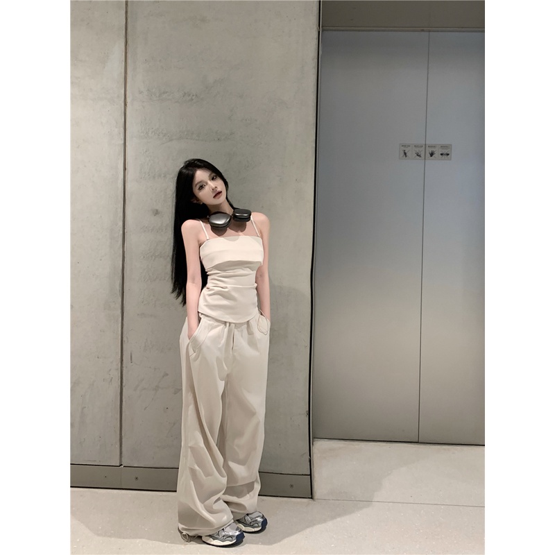✶◇cropped top baru pinggang lipit kamisol atas pakaian luar musim panas pinggang tinggi kasual celana panjang kaki lebar fashion setelan wanita #COD