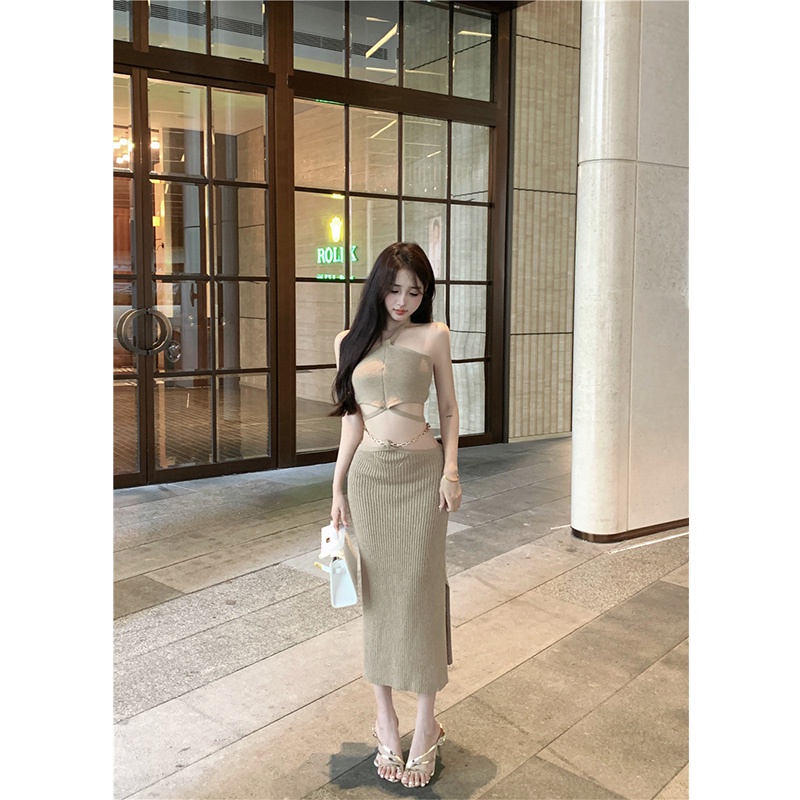 ☊Cropped top Halter Neck Gaya Liburan Tanpa Lengan Atasan Kamisol Seksi Pinggang Tinggi Rok Rajutan Setelan Rok Musim Panas Wanita Gaya Baru #COD