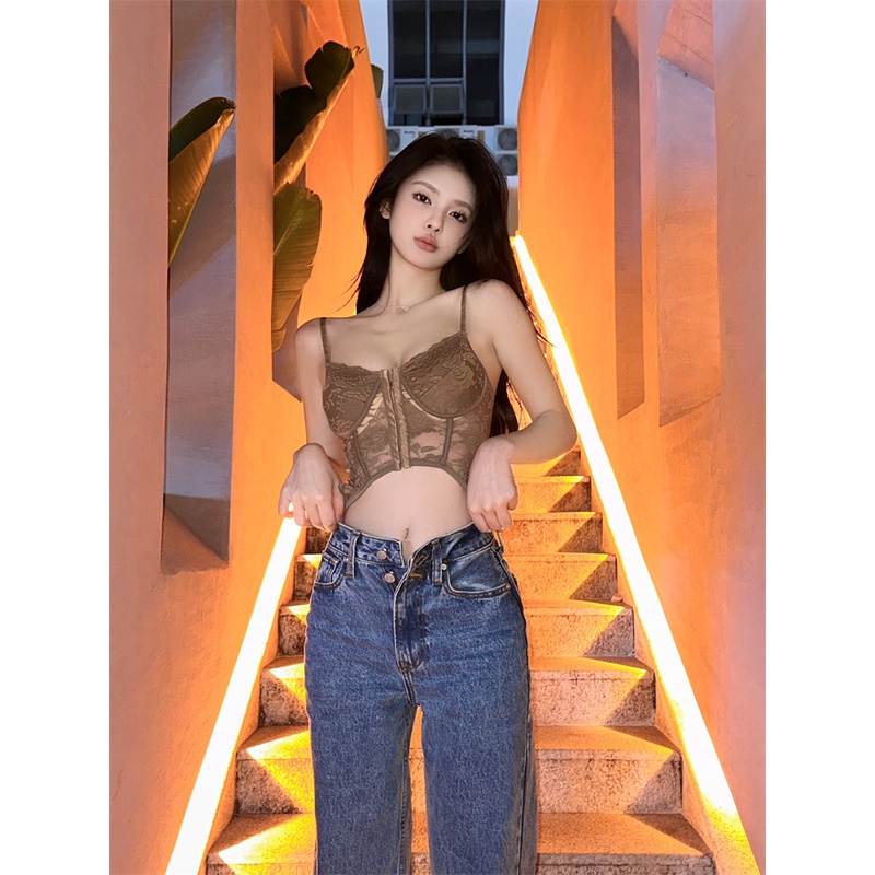 ▥✜cropped top musim semi dan musim panas tanpa lengan renda seksi merenda kamisol tidak beraturan kamisol gadis panas keinginan murni untuk memakai atasan pendek #COD