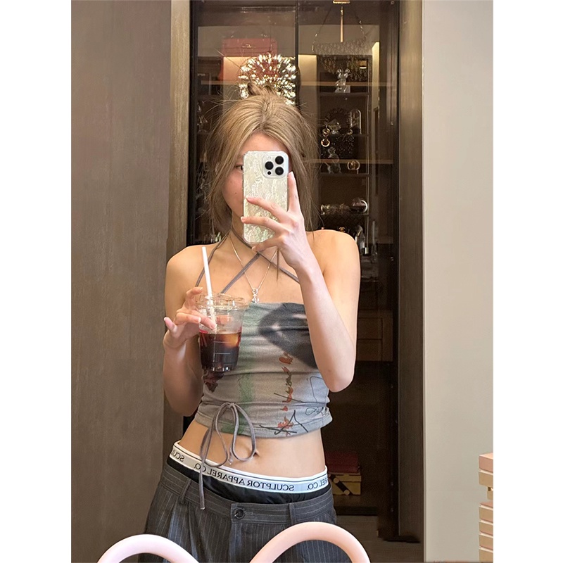 ►┋♈Cropped top Sexy Halter Neck Tanpa Lengan Musim Panas Ramping Gaya Korea Kemeja Bawah Top Tube Top Wanita Kerah Suspender Pendek Noda #COD