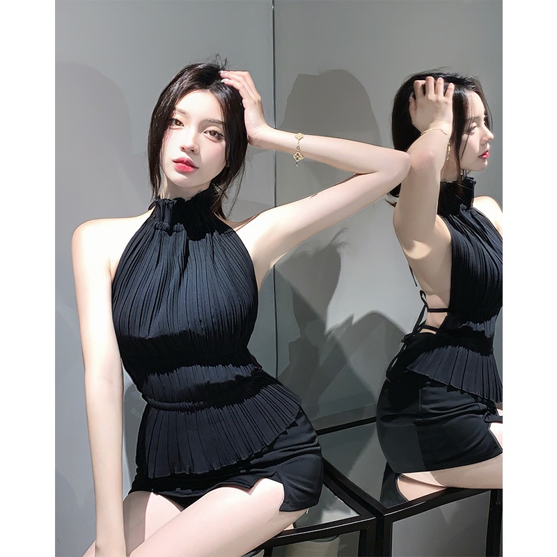 ❈✺✕cropped top backless gadis panas hitam kerah tinggi menggantung leher selempang kecil wanita musim panas seksi baru tanpa lengan keinginan murni rompi ketat top #COD