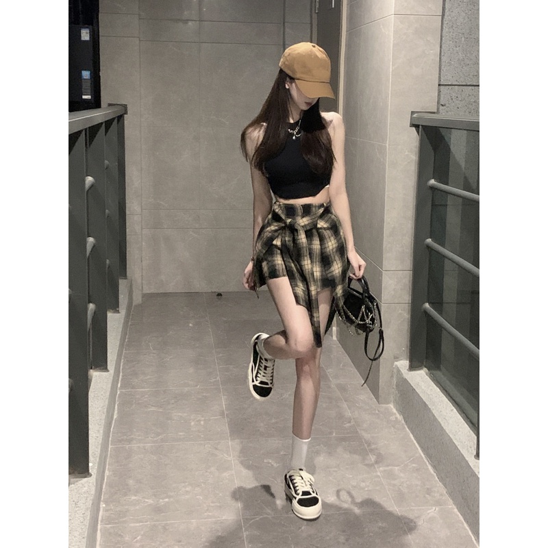 ✼◐▤cropped top rompi baru dengan suspender top olahraga musim panas kotak-kotak warna kontras celana pendek celana kasual palsu dua potong splicing perempuan #COD