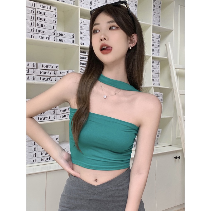 ₪cropped top Pure Desire Green Tube Top Halter Neck Kamisol Pakaian Luar Pendek Off Shoulder Inner Slim Hot Girl Atasan Musim Panas Wanita #COD