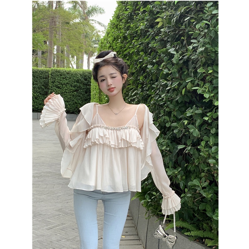 ♕ↂcropped top Musim Panas Angin Lembut Desain Sifon Tanpa Lengan Kamisol Top Set Longgar Ruffle Tepi Tabir Surya Kardigan lengan Panjang Wanita #COD