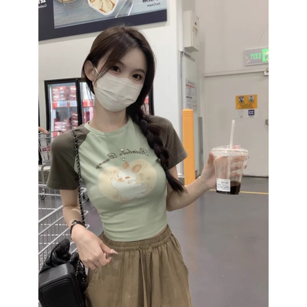 ■▦Suhao kaos import wanita kaos wanita korean style lengan pendek kaos pendek perempuan American retro pink raglan shoulder short-sleeve t-shirt women s summer dopamine wear with front shoulder short sweet and spicy top summer