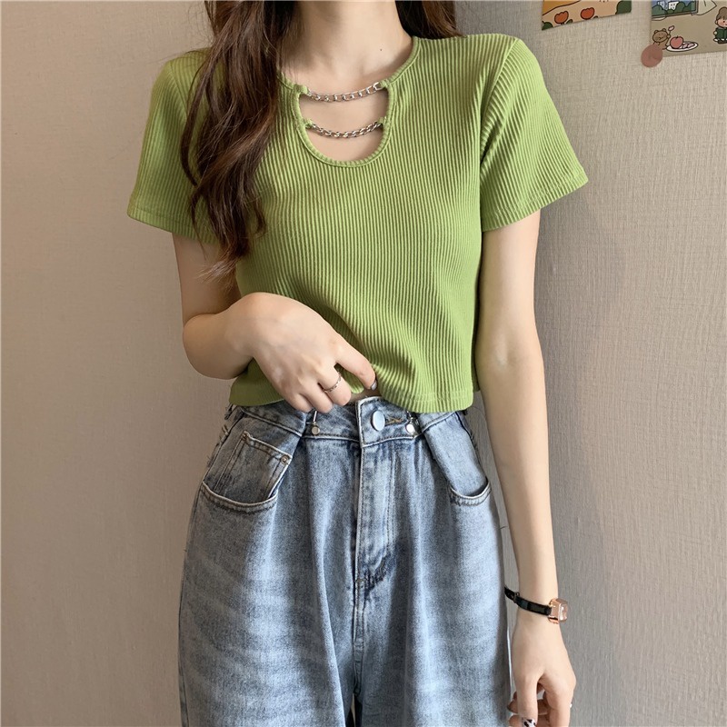 Suhao summer design sense niche chain v-neck short-sleeve t-shirt women s front shoulder slim fit high waist short green top kaos import wanita kaos wanita gaya korea lengan pendek kaos pendek perempuan