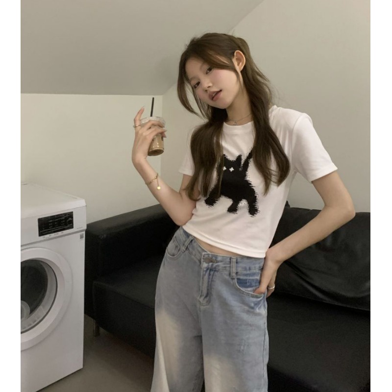 Suhao Sweet Spice Girls Leher Bulat Pusar Pendek Lengan Pendek Lengan Pendek T-Shirt Wanita Musim Panas Kucing Cetak Desain Atasan Ramping kaos impor wanita kaos wanita gaya korea lengan pendek kaos pendek perempuan