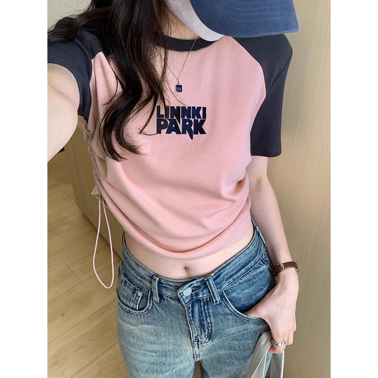 Suhao Desain Warna Kontras Lengan Pendek T-shirt Wanita Musim Panas Amerika Leher Bulat Pinggang Slim Fit Pendek Hot Girl Top Kaos Import Wanita Kaos Wanita Gaya Korea Lengan Pendek Kaos Pendek Perempuan