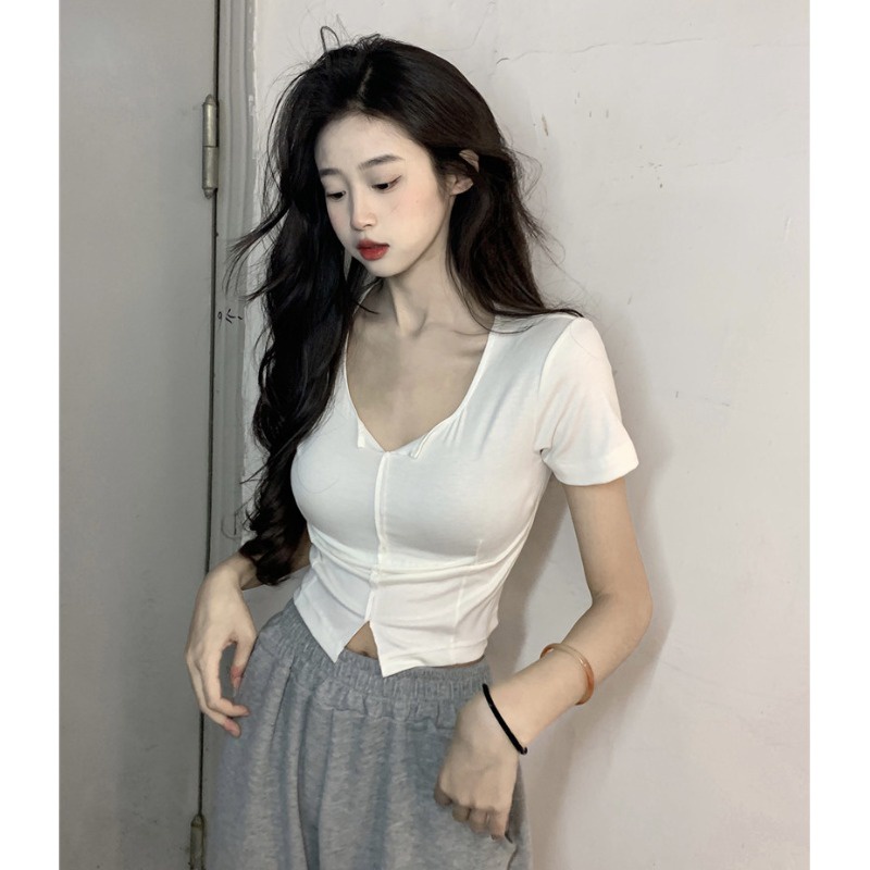 Suhao putih v-neck lengan pendek bahu depan t-shirt wanita desain musim panas perasaan ceruk ramping ramping seksi keinginan murni katun murni atasan pendek kaos impor wanita kaos wanita gaya korea lengan pendek kaos pendek perempuan